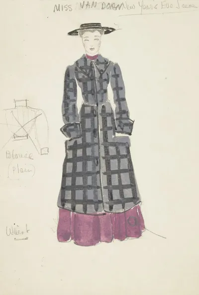 Life And Death Of An American Miss Van Dorn Checked Blue Overcoat Purple Dress Black Hat
