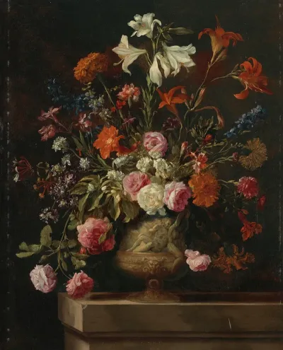 Lilies Carnations Roses And Other Flowers In A Gilt Urn With Bas Relief On A Stone Ledge