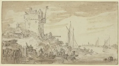 Links An Einem Fluss Ein Befestigter Turm Dabei Eine Kanone Auf Welcher Ein Mann Sitzt