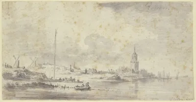 Links An Einem Fluss Eine Stadt Mit Kirche Und Festungsmauer Weiter Links Zwei Windmuhlen