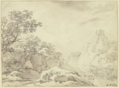 Links Eine Felspartie Mit Baumen An Einem Gewasser Rechts Hohe Felsen
