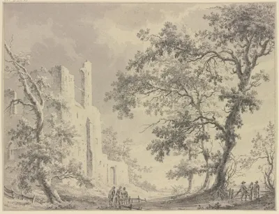 Links Eine Ruine Rechts Hohe Baume Mit Einem Zaun An Welchem Verschiedene Personen Stehen