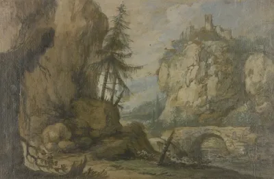 Links Hohe Felsen Mit Tannen Rechts Auf Hohen Felsen Eine Burg Uber Dem Bach Eine Steinerne Brucke