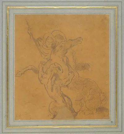 Lion Attacking A Horse With Rider Sketch For The Tiger Hunt
