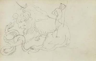 Lion Attacking A Snake Over Nude Figure Study
