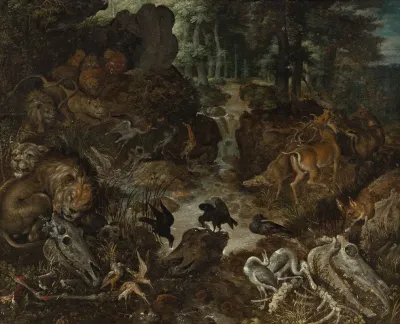Lions And Fox In A Rugged Landscape