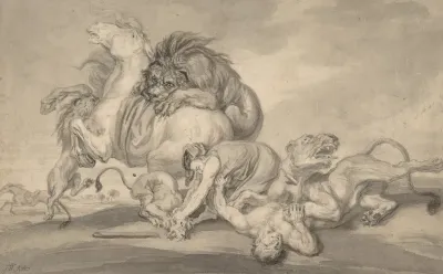 Lions Attacking Two Men And A Horse