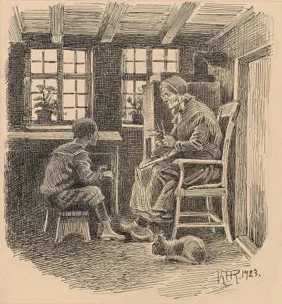 Little Boy Talking To An Elderly Woman Who Is Knitting