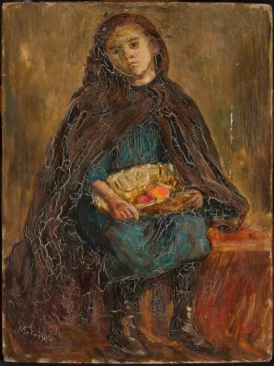 Little Girl With A Basket Of Apples On Her Knees