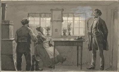 Living Room A Woman Is Knitting At The Table One Man Is Smoking A Pipe Another Is Looking Out The Window