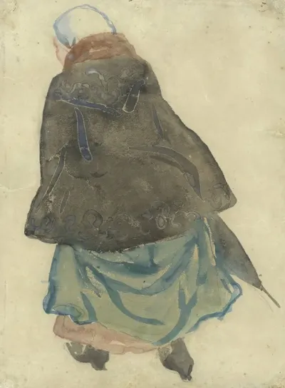 Lopende Vrouw Met Cape En Parapluie Op De Rug Gezien