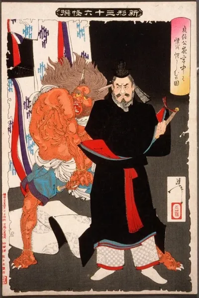 Lord Sadanobu Threatens A Demon In The Palace At Night