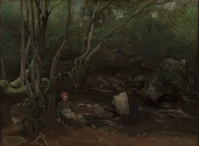 Lormes Goat Girl Sitting Beside A Stream In A Forest