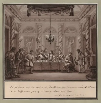 Louis Douze Assis Dans Son Anti Salle A La Table De Son Grand Echanson Avec Une Famille De Paysans Acte 3e Scene 6e De Louis Xii Comedie De Mr Valcour