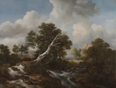 Low Waterfall In A Wooded Landscape With A Dead Beech Tree