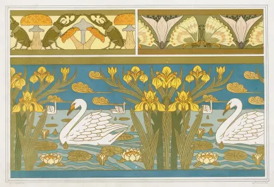 Lucanes Et Champignons Oxalides Et Papillons Bordure Cygnes Iris Et Nenuphars Email Cloisonne