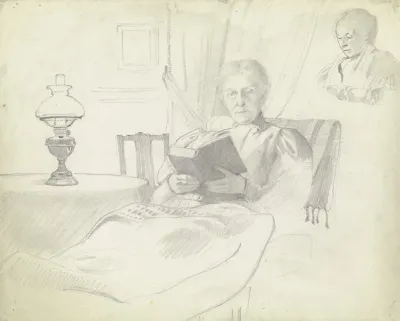 Luise Scholderer Lesend Mit Tisch Und Lampe Brustbild Einer Weiblichen Figur Im Hintergrund