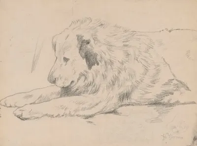 Lying Dog With A Design Of A Multi Figure Composition Below