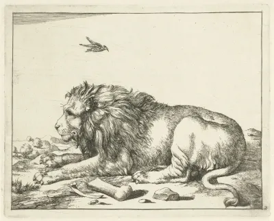 Lying Lion With Bird Above