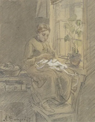Madchen Am Fenster Eine Nadel Einfadelnd