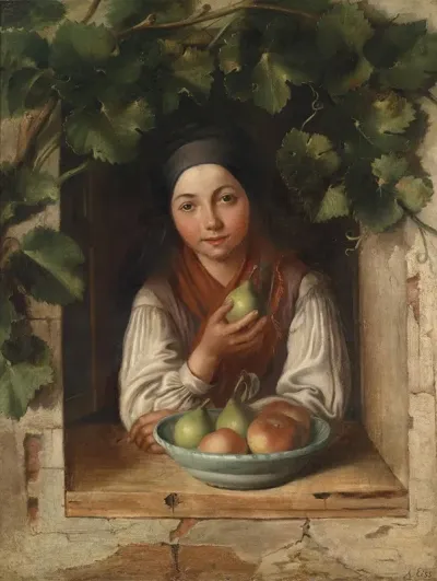 Madchen Am Weinumrankten Fenster