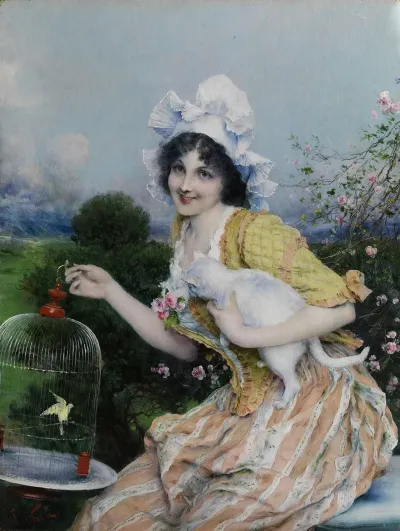 Madchen Mit Katze Und Vogelkafig