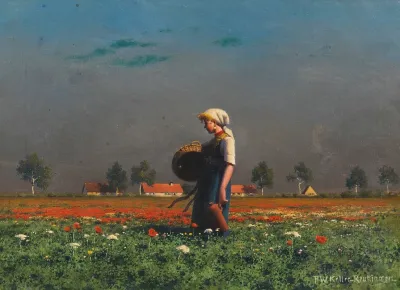 Madchen Mit Korb Und Flasche Im Mohnblumenfeld