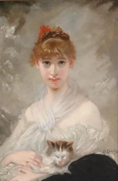 Madchen Mit Weisem Tuch Und Katze
