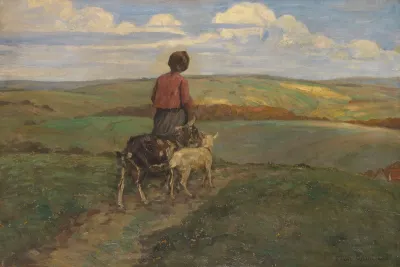 Madchen Mit Ziegen Auf Dem Heimweg