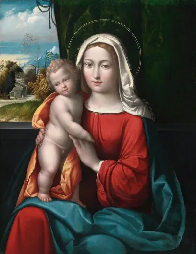 Madonna And Child Before A Curtain A Mountainous Landscape Beyond