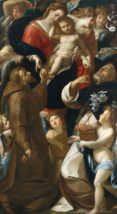 Madonna And Child With Saints Francis And Dominic And Angels Giulio