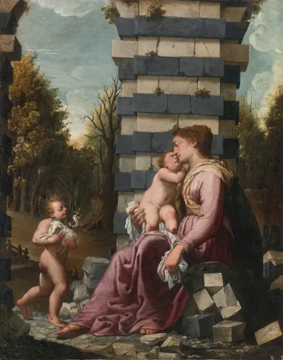 Madonna And Child With The Infant Saint John The Baptist Among Architectural Ruins A Landscape Beyond