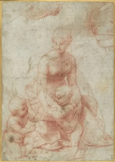 Madonna And Child With The Infant Saint John The Baptist Upper Left Study For The Right Arm Of The Infant Saint John Upper Right Study For Drapery