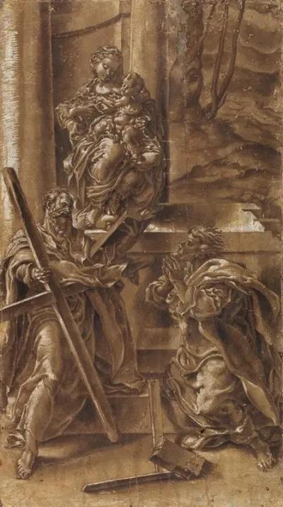 Madonna Med Barnet Samt Apostlen Andreas T V Og Den Hellige Judas T H