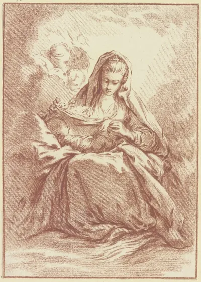Madonna Mit Dem Kind Auf Dem Schos Und Drei Engelskopfchen