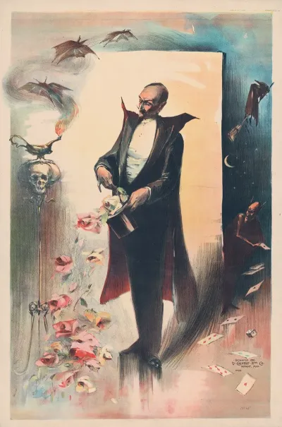Magician Pulling Roses Out Of Top Hat Surrounded By Supernatural Being