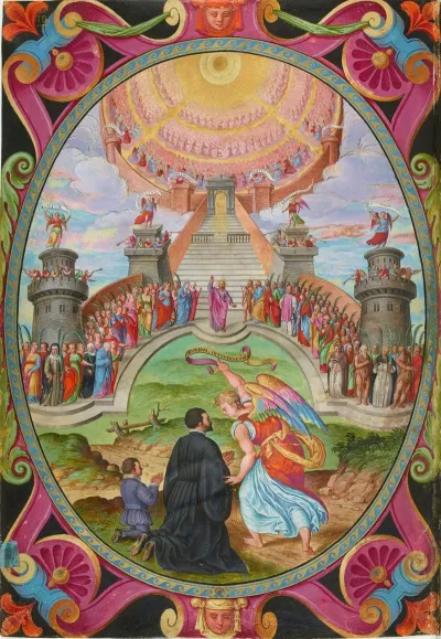 Magius Et Son Fils Devant Lescalier Celeste Dont Les Premieres Marches Sont Occupees Par Jesus Christ Les Saints Et Les Saintes Les Anges Les Archanges