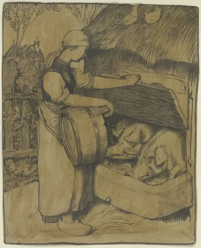 Maid Feeding Pigs