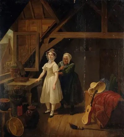 Maid Sewing A Lady Into A Corset