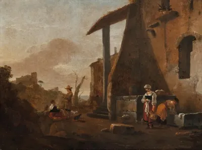 Maidservants Washing Laundry And Another Maid Selling Apples In A Courtyard A Hilly Landscape Beyond