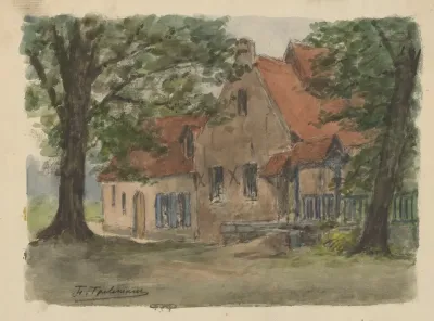 Maison Campagnarde Entree Couverte A Droite Deux Arbres A Lavant Plan