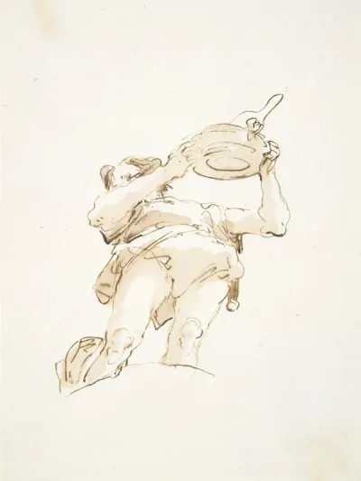 Male Figure Carrying A Tray With Fowl Seen From Below
