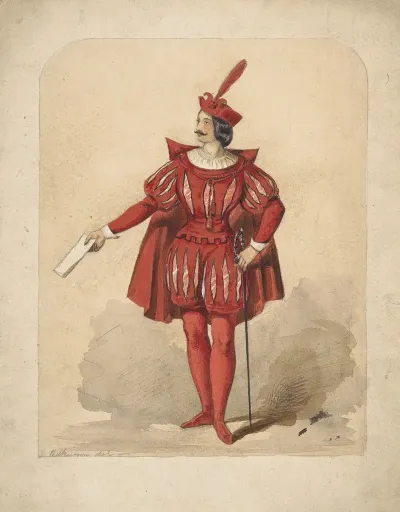 Male Figure Dressed In A Red Costume Holding A Piece Of Paper In His Right Hand
