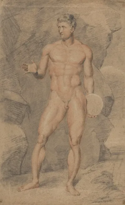 Male Figure Nude Holding Discus Right Arm Outstretched Seen From Front
