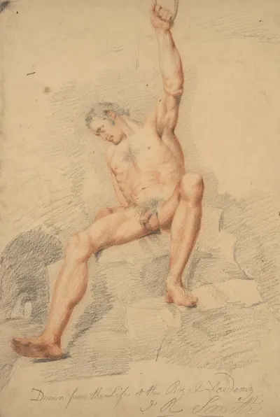 Male Figure Nude Seated Left Arm Upraised And Clutching Rope Seen From Front