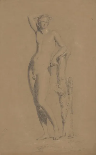 Male Figure Right Arm Upraised Leaning Against Tree Trunk Seen From The Front