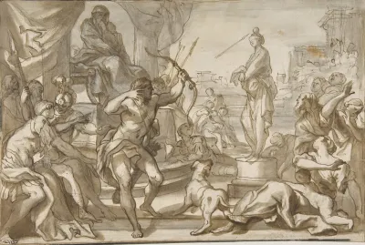 Male Figure With A Bow And Arrow Shooting At A Statue Of A Woman With A Ball On Her Head