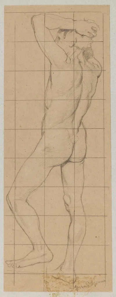 Male Nude Standing With Back Turned And Hands Clasped On His Head