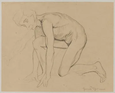 Male Nude With Moustache Kneeling In Profile