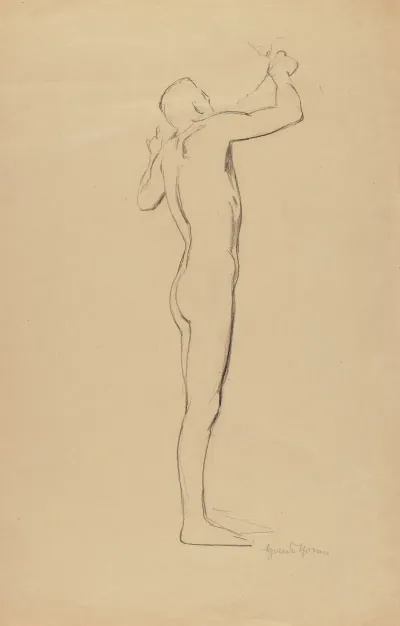 Male Nude With Raised Hands Standing With His Back To The Viewer